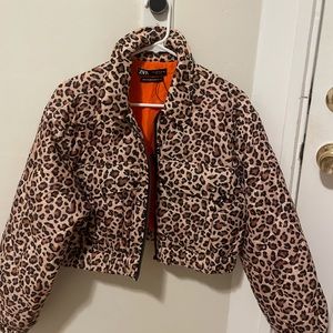 ZARA Leopard Print Cropped Puffer/ Bomber